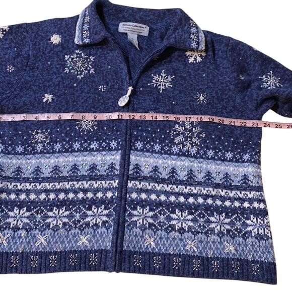 Heirloom Collectible Holiday Sweater Jacket Blue Snowflake Zip Up Size XL Beaded - Picture 10 of 11